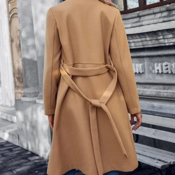 double button lapel neck belted coat camel